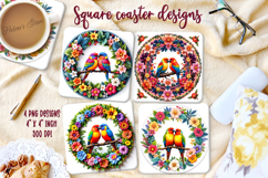 Lover birds on round floral frame square coaster design png Product Image 1