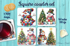 Patchwork snowman Christmas tree square coaster sublimation Product Image 1