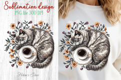 Coffee &amp; cat in flowers sublimation design| Cute cat clipart Product Image 1