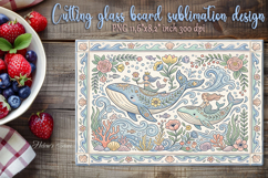 Pastel sea life folk floral tile glass cutting board design Product Image 1