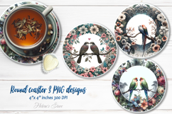 Cute birds in floral frame round coaster sublimation designs Product Image 1