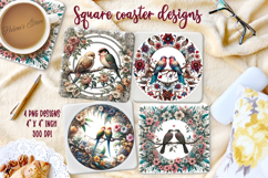 Lover birds on round floral frame square coaster design png Product Image 1