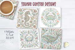 Ocean animals retro folk tile pattern square coasters png Product Image 1