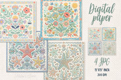 Folk floral ocean tiles digital papers jpeg | Scrap booking Product Image 1