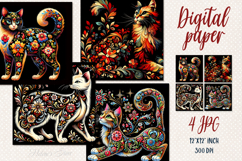 Folk floral cat black digital papers jpeg | Scrap booking Product Image 1