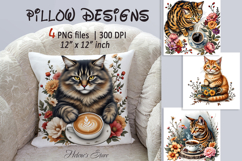 Coffee and cat in flowers sublimation pillow case designs Product Image 1