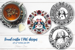 Cute birds in floral frame round coaster sublimation designs Product Image 1
