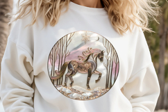 Christmas horse round design|Pink Iridescent T-shirt clipart Product Image 1