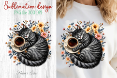 Coffee &amp; cat in flowers sublimation design| Cute cat clipart Product Image 1