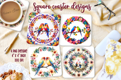 Lovebirds on round floral frame square coaster design png Product Image 1