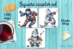 Patchwork snowman hockey square coaster sublimation png Product Image 1