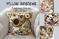 Coffee and cat in flowers sublimation pillow case designs Product Image 1