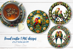 Cute birds in floral frame round coaster sublimation designs Product Image 1