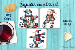 Patchwork snowman soccer square coaster sublimation png Product Image 1