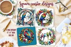 Cute parrot on round floral frame square coaster design png Product Image 1