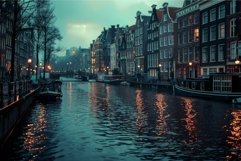Amsterdam canals reflecting warm evening light with tourists Product Image 1