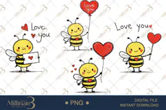 Cute Valentine Bee Clipart PNG | Hand Drawn Love Bee with He Product Image 1