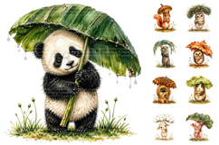 Watercolor Baby Animals Holding Botanical Umbrellas Clipart Product Image 1