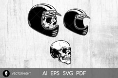 Biker skull in racer helmet in engraving style. Product Image 1