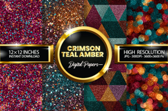 Crimson Teal Amber Glitter Digital Papers - 04 Variations Product Image 1