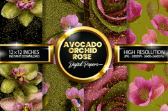 Avocado Orchid Rose Glitter Digital Papers - 04 Variations Product Image 1