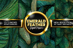 Emerald Feather Glitter Digital Papers - 04 Variations Product Image 1