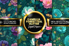 Camellia Forest Teal Glitter Digital Papers - 04 Variations Product Image 1