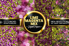 Lime Magenta Mix Glitter Digital Papers - 04 Variations Product Image 1