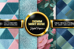 Denim Mint Rose Glitter Digital Papers - 04 Variations Product Image 1