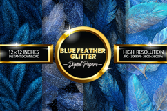Blue Feather Glitter Digital Papers - 04 Variations Product Image 1