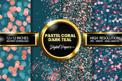 Pastel Coral Dark Teal Glitter Digital Papers - 04 Varitions Product Image 1