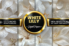 White Lily Floral Digital Papers - Water Droplets Product Image 1