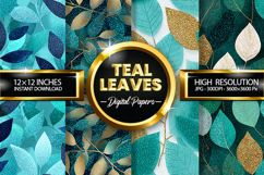 Teal Leaves Glitter Digital Papers - 04 Variations Product Image 1