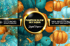 Pumpkin Glow Sky Aqua Glitter Digital Papers - 04 Varitions Product Image 1