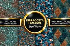 Terracotta Teal Blue Glitter Digital Papers - 04 Varitions Product Image 1
