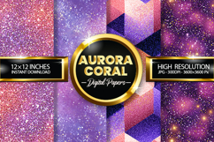 Aurora Coral Glitter Digital Papers - 04 Variatons Product Image 1