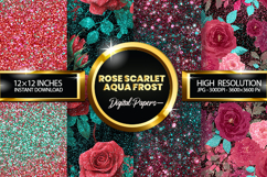 Rose Scarlet Aqua Frost Glitter Digital Papers - 04 Varition Product Image 1