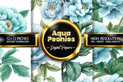 Aqua Peonies Digital Papers - 04 Variations Product Image 1