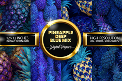 Pineapple Deep Blue Glitter Digital Papers - 04 Variations Product Image 1