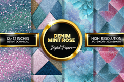 Denim Mint Rose Glitter Digital Papers - 04 Variations Product Image 1