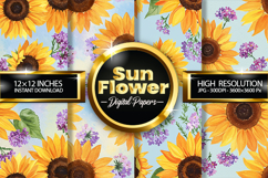 Watercolor Sunflower Digital Papers - 04 Variations Product Image 1