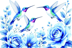 Watercolor Hummingbirds with blue Roses Floral Background Product Image 1