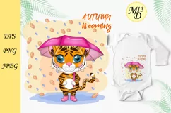 Cute cartoon tiger with an umbrella, autumn. New Year 2022 Product Image 1