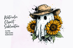 Cute ghost with sunflower watercolor clipart sublimation Product Image 1
