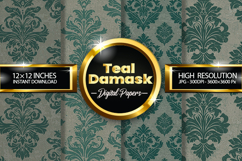Teal Damask Digital Papers - 04 Variations Product Image 1