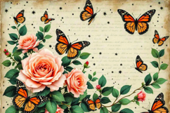 Vintage Monarch Butterflies and Peach Roses Floral Art Product Image 1