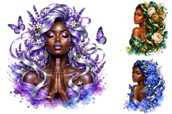 Black Women Watercolor Floral PNG Clipart Bundle Product Image 1