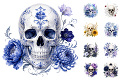 Watercolor Floral Skulls, Gothic Botanical PNG Product Image 1