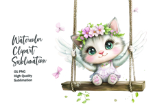 Cute cat sitting in wooden swing clipart png Product Image 1