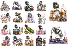 Spooky Spa Messy Bun Skeleton Clipart, Self Care Watercolor Product Image 3